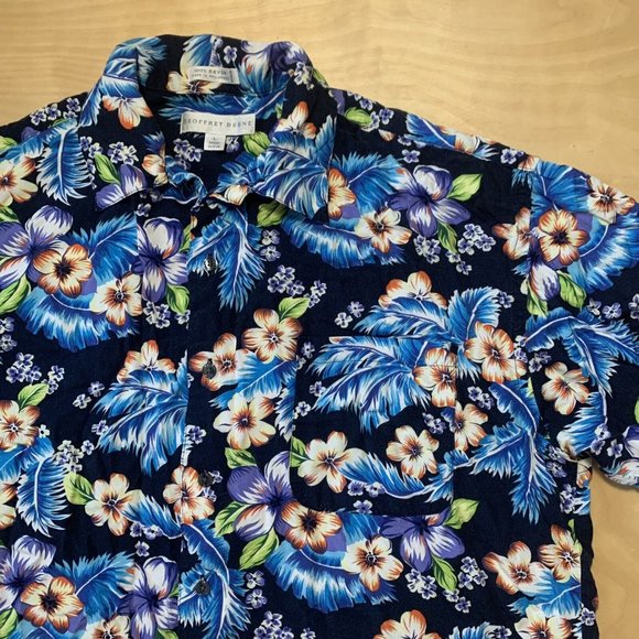 Geoffrey Beene Hawaiian Shirt Mens Large L Black & Blue Button Down Summer Shirt - Picture 3 of 8